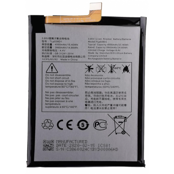 Bateria litio TLP038DA / TLP038D1 / TLP038D7 Para TCL 10L , T770H / TCL 10 SE , T766H / TCL 10 Lite , T770H De 4000mAh
