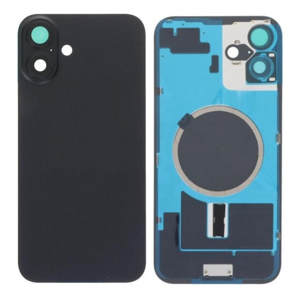Tapa Trasera Con Soporte Metal Y Lente para iPhone 16 plus Negro (Calidad Premium)