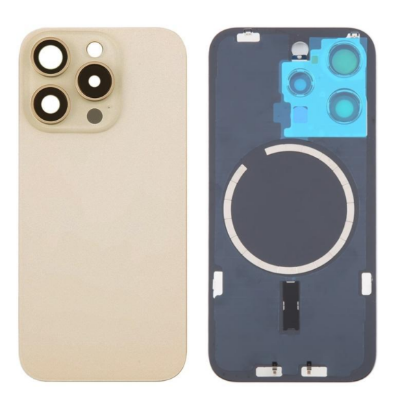 Tapa Trasera Con Soporte Metal Y Lente para iPhone 16 Pro Oro (Calidad Premium)